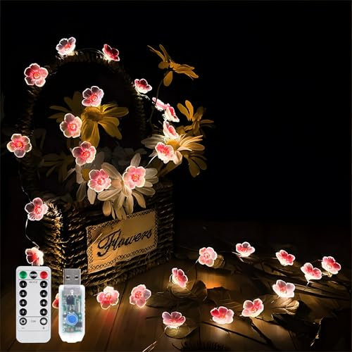 Guirlande lumineuse en fleurs de cerisier de 4 m 40 LED alimentée par USB avec télécommande, rose pour intérieur et extérieur pour chambre à coucher, mariage, jardin, décoration de fête