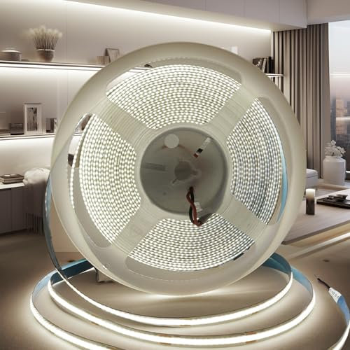 PERVADEO 12V COB LED Streifen Weiß 6000K, 5m Selbstklebend LED Strip 320LEDs/m 8mm Breite CRI90+ Flexibles LED Band helles Unterbaulicht für Fernseher, DIY Dekoration(Ohne Netzteil)