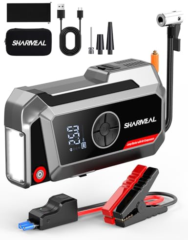 Sharmeal 10000A Booster Batterie avec Compresseur,Démarreur Batterie Voiture, 250PSI Gonfleur de Pneus, 12V Jump Starter, Tout Gaz ou 10L Diesel, Écran LCD, Eclairage de Secours, Banque d'alimentation