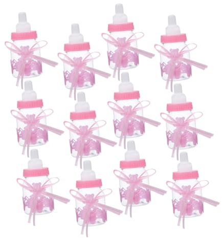 VILLFUL 12pcs Small Refillable Bottle Candy Containers with Ribbon for Shower Party Favors Clear Plastic Feeding Bottles for Newborn Birthday Decorations and Sweet Treat Holders