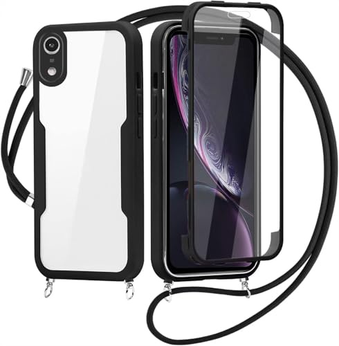 FERLAN Coque avec Cordon pour iPhone XR, Collier Ajustable,Coque Antichoc Housse avec Protection écran, 360° Protection Case Robuste Double Bumper Etui Intégrale (Noir)