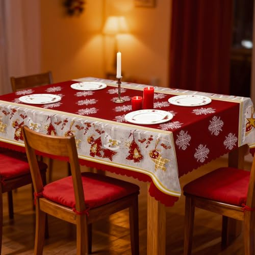 Fantasyon 180 x 150 cm Rectangular Christmas Table Cloth, Large Washable | Waterproof wipeable tablecloth for Xmas holiday party,wipe clean red Snowflakes table cover for dining decorations, reusable