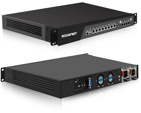 ROUAFWIT Firewall, 19 Inch 1U Rackmount, Network Appliance, OPNsense, Router PC, Core i7-8700, 4 x SFP+ X710 10Gbe, 8 i226V LAN/USB3.0/Console/VGA/SIM, DDR4 16G RAM 512G SSD