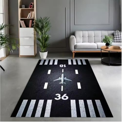 JIAOJING Bereich Teppiche Flughafen Landebahnen Draufsicht Flugzeug Und Flugzeug Ankunft 3D Teppichschlafzimmer Spielzimmer Kinderzimmer Dekor 60X90Cm