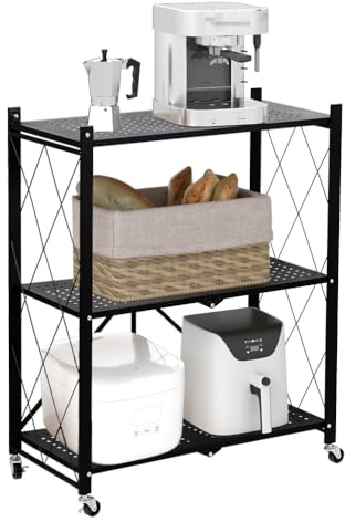 BAOYOUNI 3 Etagen Klappbares Regal mit Rollen, Schwerlastregal 70cm Breit, Metallregal, Stabil Stehend Lagerregal für Küche, Wohnzimmer, Schlafzimmer, Büro, Garage, 70 x 34 x 87cm, Schwarz