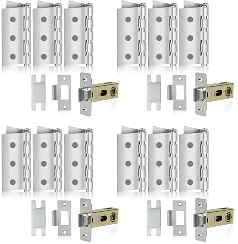 MSC Door Hardware Set – 4 Pack 45mm Tubular Mortice Latches & 12 Pack 3-Inch Stainless Steel Door Hinges with Screws – Heavy Duty, Rust-Resistant, Silent & Durable – Ideal for Internal Doors & Cabinet