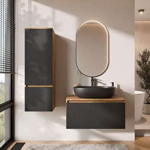 Planetmöbel Arisa Badmöbel Set Waschtisch mit Unterschrank | 80 cm, gold eiche schwarz (geriffelt) mit Glora Spiegel und Hochschrank, Waschbecken 60 cm gold eiche schwarz, Raumsparsiphon