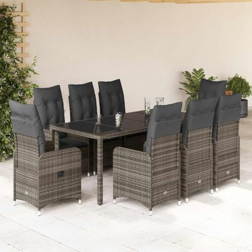 Runheo 9-TLG. Garten-Bistro-Set mit Kissen, Grau Poly Rattan, Verstellbare Relaxsessel, Outdoor Möbel für Terrasse Balkon