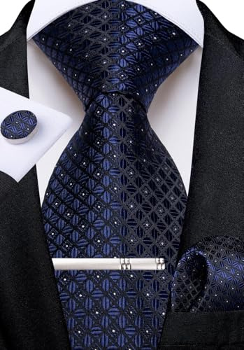 DiBanGu Herren Krawatte Set Seide Gestreift Karierte Krawatte mit Einstecktuch Manschettenknöpfe Krawattenklammer Set für Hochzeit Formell