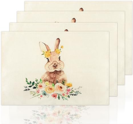 Tischsets Platzsets Ostern, 4er Set Hasen Blumen Tischsets Platzsets Abwaschbar, Frühling Tisch Dekoration für Küche, Esszimmer und Osterfest