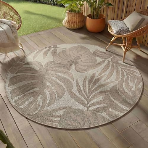 Teppium Outdoor Teppich Rund 200 cm Beige, Wetterfest UV-beständig, Garten Terrasse Wohnzimmer Esszimmer Teppich Indoor Outdoor, Palmblätter Design