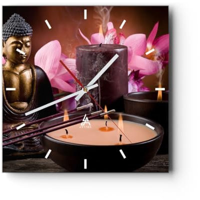 Modern Wanduhr Buddha Kerzen Religion 30x30cm Quadrat Klein Wand Uhr Glas Analog Zimmeruhren Küche Büro Wohnzimmer Glasuhr Wall Clock Dekoration Design Wanddekoration Küchenuhr C3AC30x30-2631