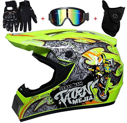 TKUI Moto Motocross Casques, Gants et Lunettes Dot Standard Enfants Quad Bike VTT Go Karting Casque,S(52~53cm)