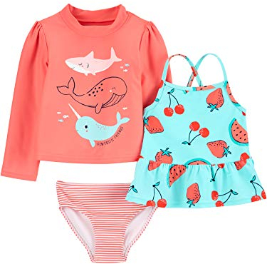 Simple Joys by Carter's Baby-Mädchen 3-Piece Assorted Rashguard Rash-Guard-Set, Orange Meereswelt/Rot Früchte/Streifen, 4 Jahre