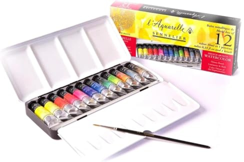 Sennelier Boîte de Peinture Aquarelle Extra-Fines, Boîte en métal 12 Couleur x 10ml avec Pinceau et estompe Made in France