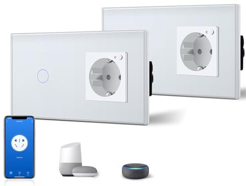 BSEED Interruptor de luz WiFi Smart Alexa con enchufe, interruptor de pantalla táctil de cristal, wifi, 1 vía, color blanco, 2 unidades