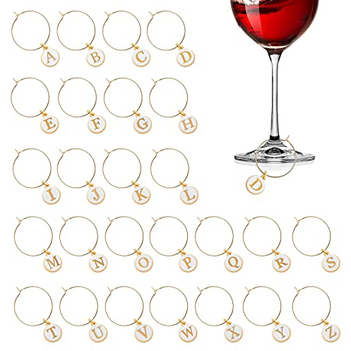 Prasacco 26 PCS Wine Charms for Glasses Wine Glass Charms Markers Tags Stem Glasses Drink Markers Letters Wine Markers Party Favors Decorations - White