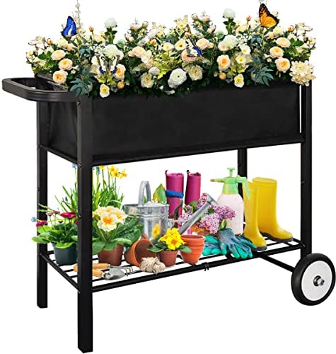 Koutemie Outdoor Raised Planter Bed Box with Legs for Gardening, Elevated DIY Garden Cart on Wheels for Vegetables Flower Tomato Herb Plant, Black