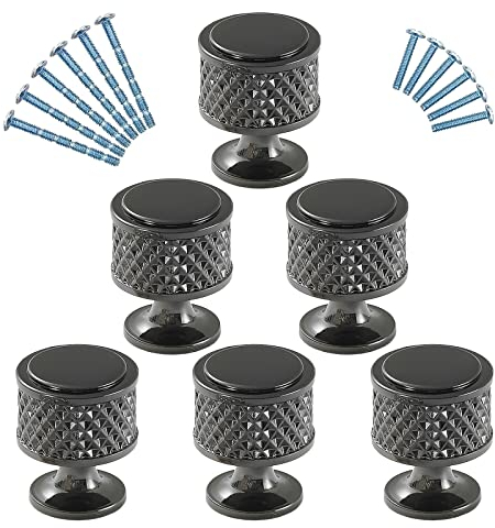 YNDD 6 Stück Runde Möbelknöpfe Schwarz, Metall Schrankknöpfe, Modern Einzelloch Schubladenknöpfe, Zinklegierung Küchenknöpfe, Kommodengriffe für Schubladen Küchenschränke Schlafzimmer Kleiderschrank