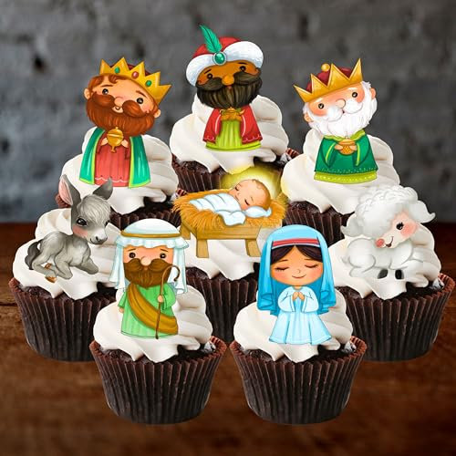 PRECUT Christmas Nativity Cupcake Toppers, Edible Traditional Cake Decorations (12)