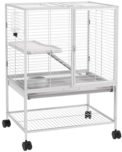 PawHut Käfig für Kleintiere auf Rollen, 2 Ebenen mit 2 Türen, 1 Rampe, 1 Aufbewahrungsregal, Schüssel, Flasche – 61,5 x 44,5 x 86 cm, grau
