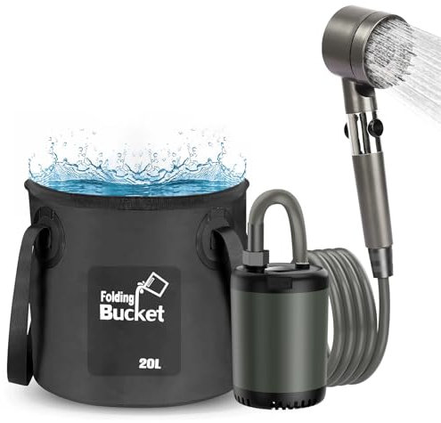 Portable Camping Outdoor Shower Kit with 20L Collapsible Bucket 10000mAH Rechargeable Electric Intelligent Digital Display Shower Pump for Outside Hiking Dog Bath Beach Traveling (Grey)