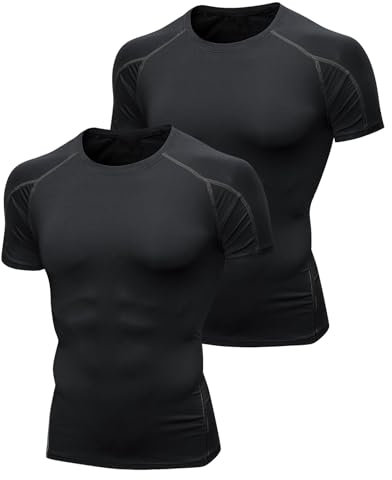 Niksa 2 Pack Compression Tops for Men Short Sleeve Mens Running Top Mesh Design Quick Dry Base Layer Top for Gym Sports Fitness Workout Cycling,Training, Black,L