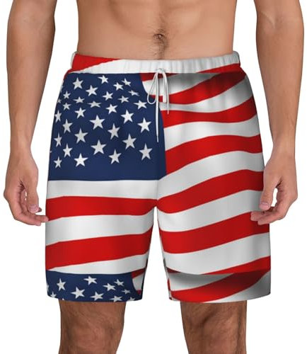 Maillot de bain double couche imprimé drapeau américain patriotique - Short de plage hawaïen avec taille élastique, blanc, X-Large