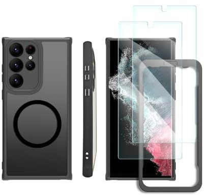 WELANGLE Magnetic Case for Samsung Galaxy S23 Ultra with 2 Screen Protectors&1 Installation Framework,Ultra Slim Translucent Frosted Black S23Ultra Case, compatible with MagSafe (for Galaxy S23 Ultra)