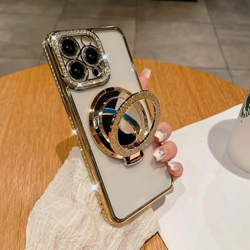 CrazyLemon für iPhone 13 Hülle Magnete Kabelloses Laden mit Spiegel Ring Ständer Funkelndem Kamerarahmen Transparente Schutzhülle für Frauen - Gold
