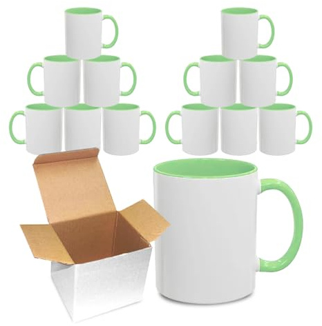 Sublimation Mugs 11oz Blank with Coloured Large Handle & Inner with Box | Durable, Ceramic Orca Finished Mugs Perfect for Custom & DIY Printing, for Loved Ones | Green Bulk Pack of 12