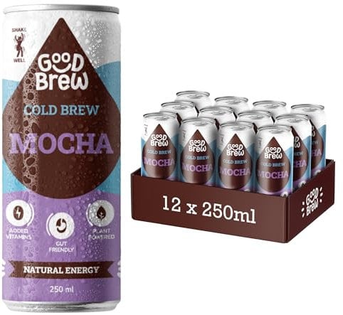 GoodBrew Cold Brew Mocha Iced Coffee Cans 12x250ml - Plant Based Cashew & Oat Milk, Dairy Free Flavoured Cold Coffee - Low Sugar - With Gut-Friendly Prebiotic Fibre and Vitamins A, D & E