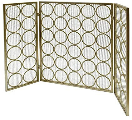 Gold Wrought Iron Fireplace Screen, Modern Simple 3 Panel Large Metal Decor Mesh Cover for Indoor Outdoor Wood Fire, Stand 30inch