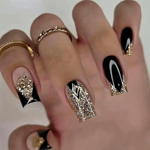 Black French Tip False Nails - 24PCS Gold Glitter Gothic Press On - Long Coffin Stick On Full Cover Tips With Glue for Women DIY Nail Art