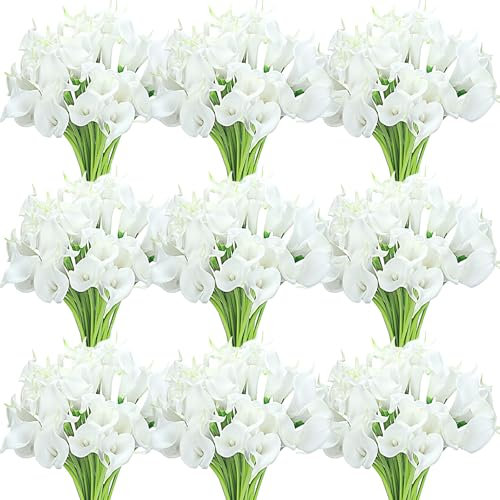 Janinka 40 Pcs Calla Lily Artificial Flowers Bulk Calla Lilies Bouquet for Wedding Fake Real Touch Faux Bridal Bouquet Silk Lily Bouquet for Home Party Decoration, 14 Inch (White)