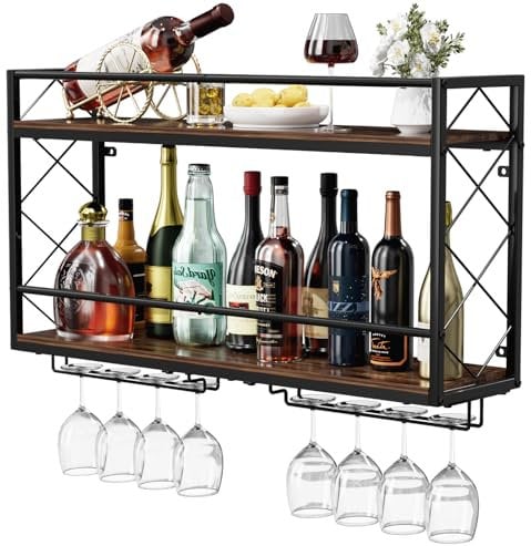 NEYCIL Weinregal, Wandhalterung, 2 Etagen, Wand-Weinregal mit Glashalter, Anti-Drop-Querstange, 80 cm, Metall-Weinhalter für Zuhause, Küche, Esszimmer, Bar, Schwarz