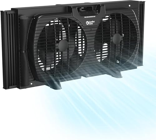 Comfort Zone - Ventilador de ventana para recámara, ventiladores dobles de 3 velocidades de 9 pulgadas con expansores de bloqueo automático, ventilador de escape de ventana, visualización de errores
