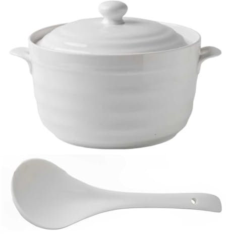 Vnook 2.2L Ceramic Soup Tureen with Lid and Ladle Set White Serving Bowls, for Restaurant Home Kitchen Decoration