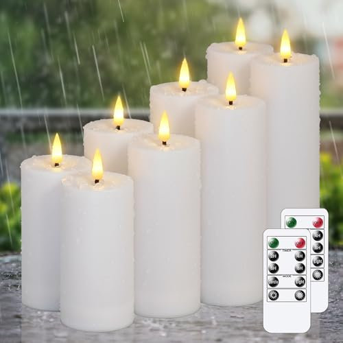 Zevanor Flameless Waterproof 5.5cm x10cm 10cm 12.5cm 12.5cm 15cm 15cm 17.5cm 17.5cm LED Candles with Remote Control and Timer, Battery Operated Plastic White Pack of 8 Outdoor Flickering Warm Light
