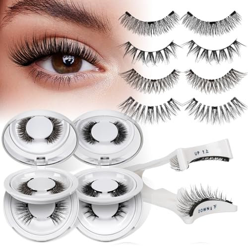 Faux Cils Magnetique aspect naturel 4 paires, aucune colle requise, ensemble de cils magnétiques réutilisables avec applicateur, faciles à porter avec instructions (4 paires A)