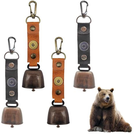 HASLED 4 Stück Kuhglocken mit Karabiner - Metall & Leder | Outdoor-Glocke für Wandern & Dekoration | Magnetische Stummschaltung