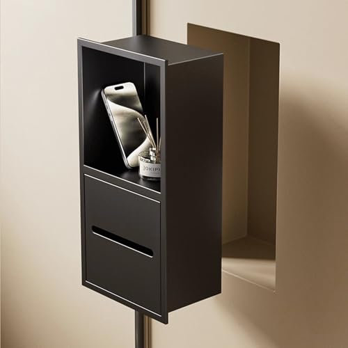 Blazea Toilettenpapierhalter Unterputz Schwarze Badezimmernische, Einbau-Toilettenpapierhalter, Duschablage mit Push-to-Open-Funktion, Wandmontierte Nischen für Kosmetiktücher