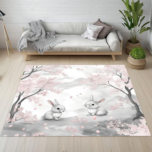 YGcegcia Niedlich Kaninchen Teppich Antirutsch Waschbar, Pflaumenblüte Floral Teppich Weich Wohnzimmer 120 X 180 cm, Karikatur Tiermuster Teppiche Kurzflor Schlafzimmer, Kinderzimmer, Esszimmer