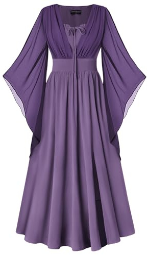 SCARLET DARKNESS Abito rinascimentale da donna, con lacci, maniche a campana a 3/4, con spacco sul davanti, con punto smock medievale, maxi abito