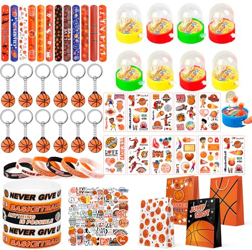 Huxolynifty Cadeaux de Fête de Basket-Ball,122 Pcs Basketball Party Favors Set - Basket-ball Porte-clés, Jouet Mini Basketball & Sacs de Cadeaux Autocollants etc Décorations de Fête de Basket-ball