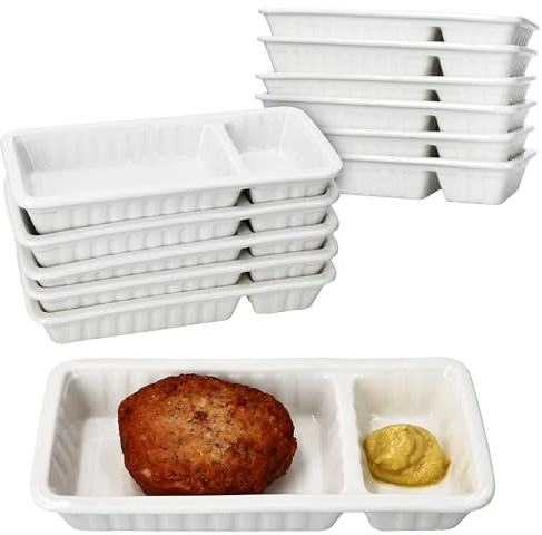 MamboCat 12er Set Frikandelschalen weiß aus Porzellan I (LxBxH) 20x9,5x3,3cm I Servierschalen mit 2 Bereichen für Soße & Beilagen I für Frikandel, Buletten, Nuggets, Nachos & Snacks