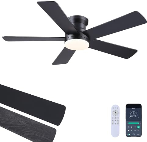 Ayaoty Ceiling Fans with Lights - 48 Black Flush Mount Ceiling Fan Light with 6 Speeds 3CCT Dimmable, Revesible Motor, Low Profile Fan Light for Modern Indoor Bedroom, Kitchen