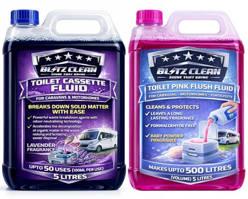 5L Blue Toilet Cassette Fluid + 5L Pink Flush Rinse Fluid | Caravan, Motorhomes Toilet Chemicals | Fragranced | Cleans, Protects & Deodorises | 10L Twin Pack (BLUE: LAVENDER/PINK: BABY POWDER)