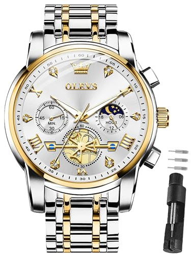 OLEVS Herren Uhren Luxus 42mm Große Quarz Edelstahlarmband 30M Wasserdicht | Armbanduhr Herren Business Chronograph mit Mondphase Luminous Zifferblatt Luxu Speziell für Männer Entwickelt