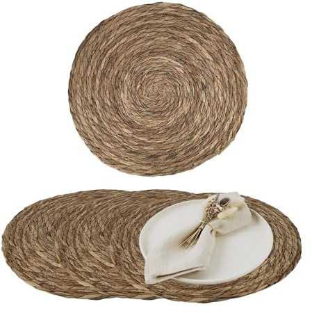 G.schmückt Platzset Boho Rund Geflochten, Tischset Platzmatte Esstisch Bastoptik Scandi Style, Dekorationsunterlage Tischdeko, Seegras 36cm 4 STK.